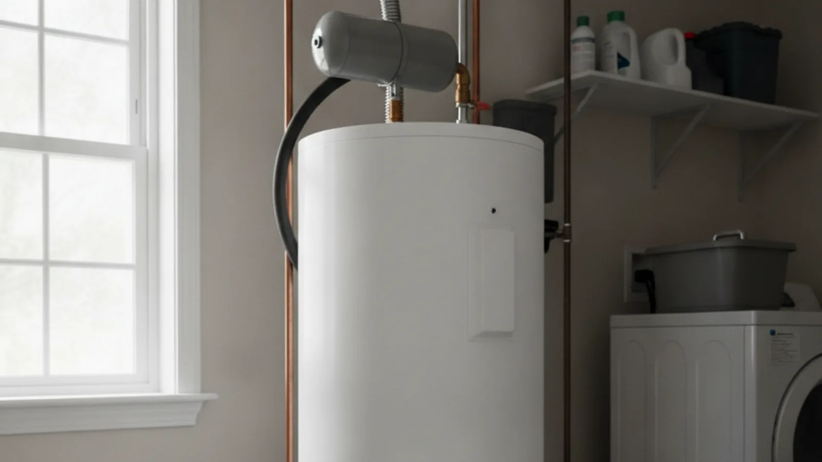 New white electric tank water heater installed in a utility room with an expansion tank on the cold water line