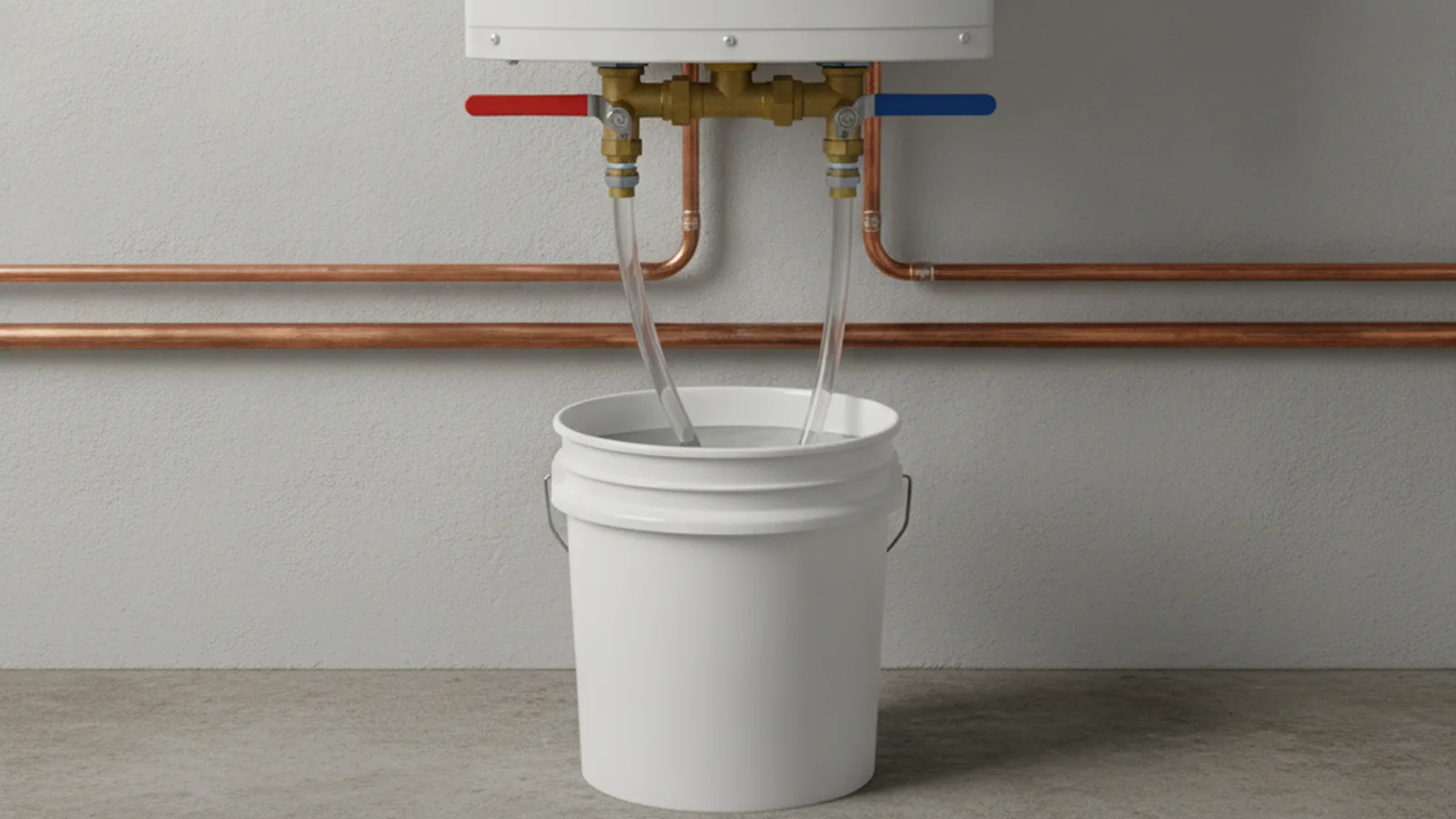 Tankless water heater being flushed with hoses running from its service valves to a pump in a bucket
