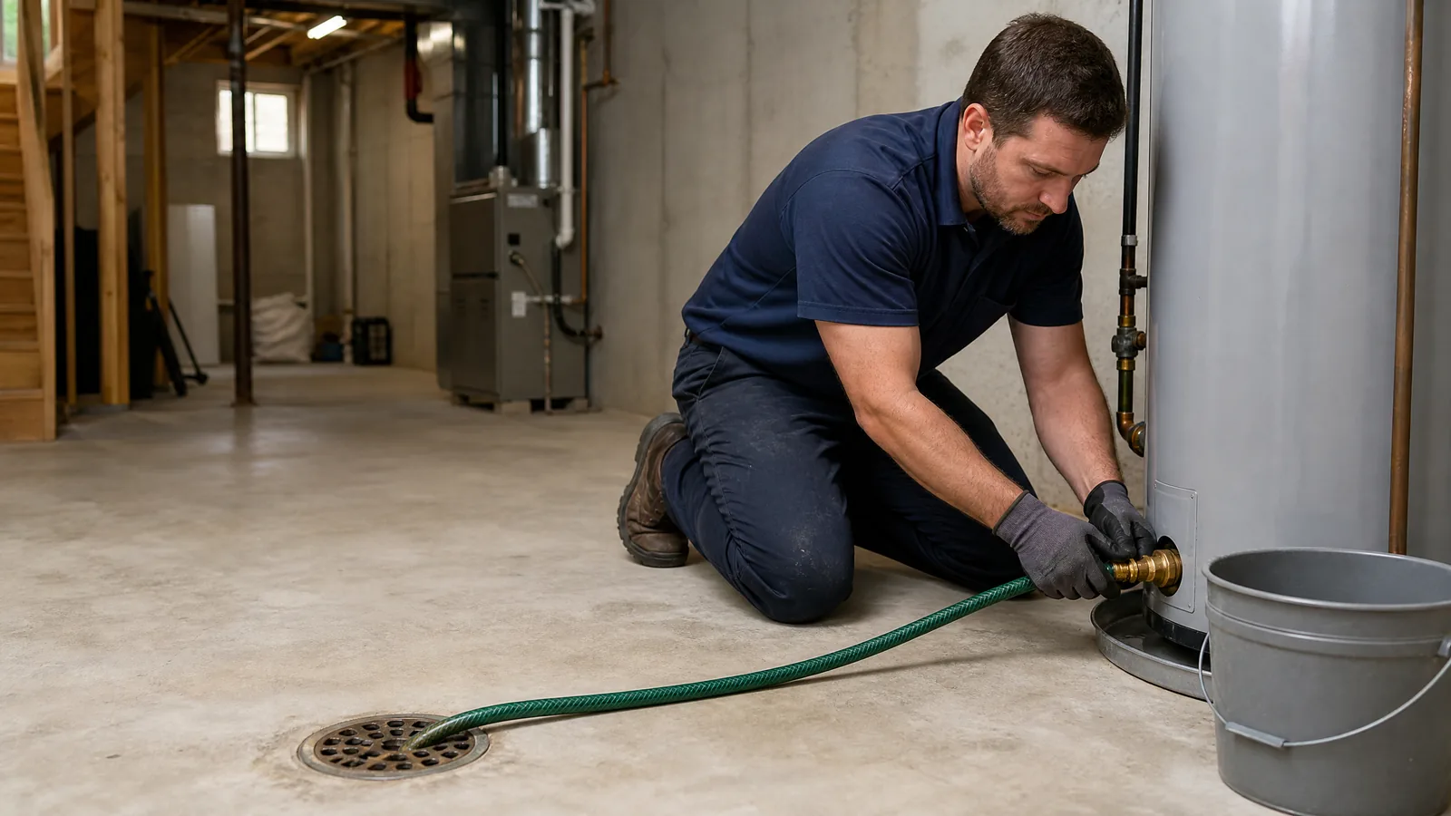 Licensed plumber attaching a hose to the drain valve of a residential water heater to flush sediment in Wilmington, DE