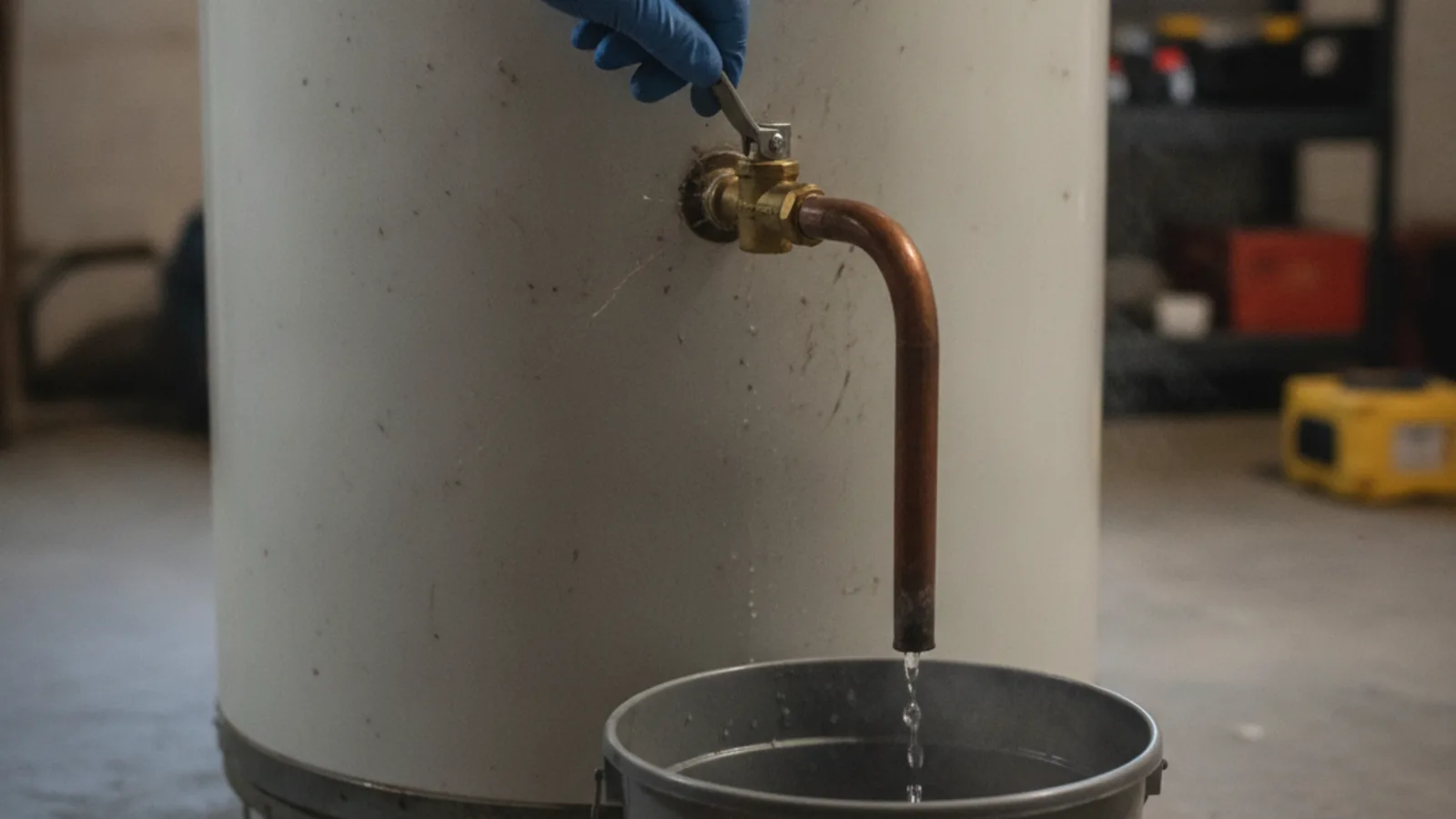 Gloved hand lifting the test lever of a water heater relief valve while hot water runs from the discharge pipe into a bucket