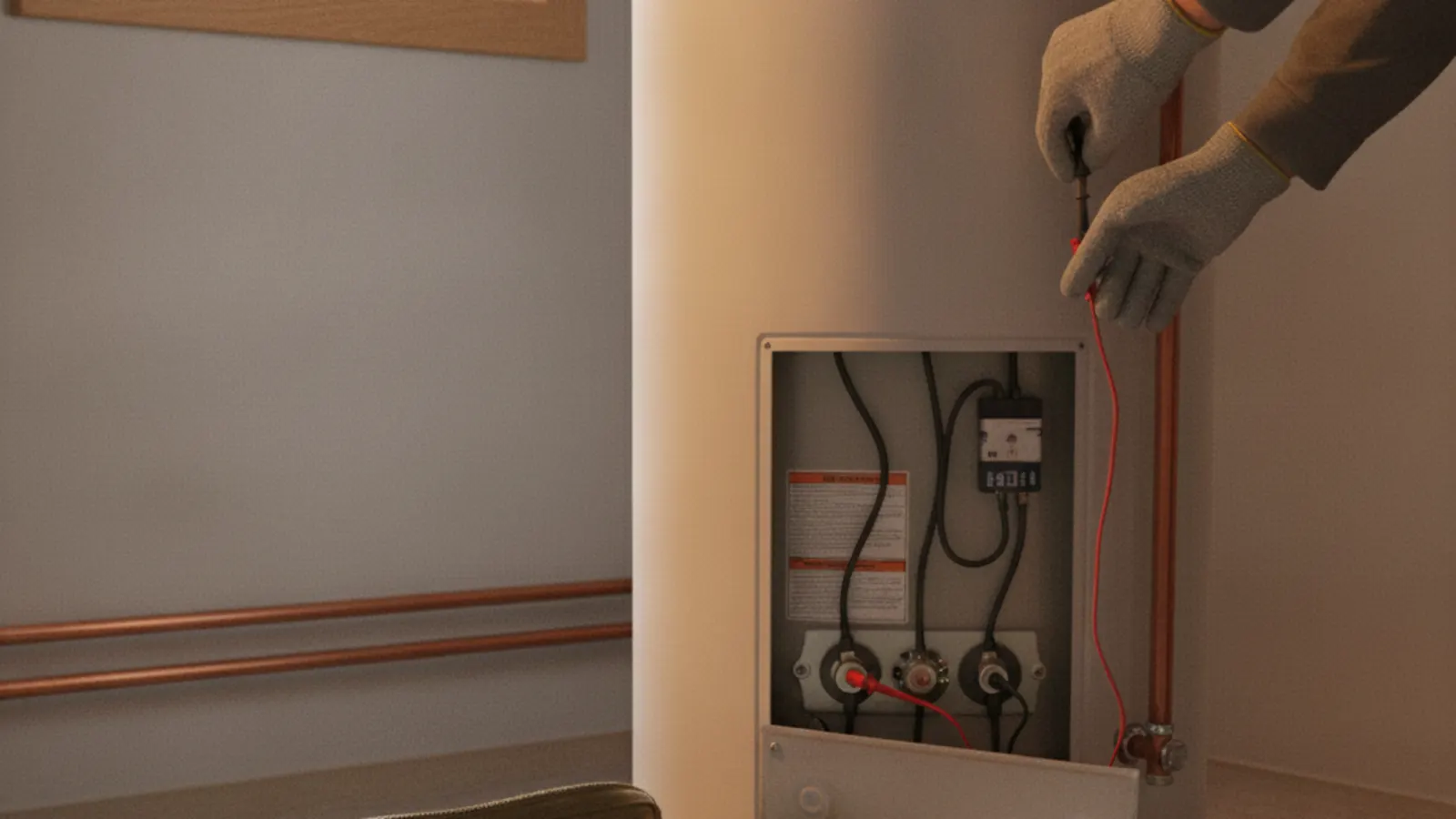Gloved hands testing the wiring behind the open access panel of an electric water heater during a same-day repair visit