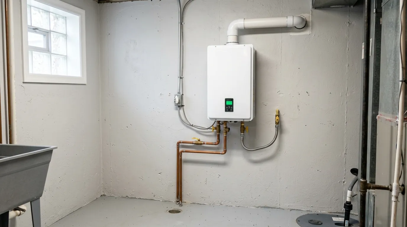 Wall-mounted gas tankless water heater with vent pipes and gas and water lines in a utility room