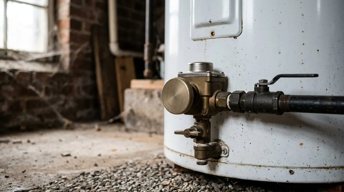 Gas control valve and temperature dial at the base of a gas tank water heater in a basement
