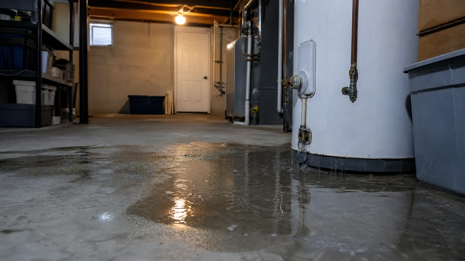 Water pooling across a basement concrete floor around the base of a leaking residential water heater in Wilmington, DE