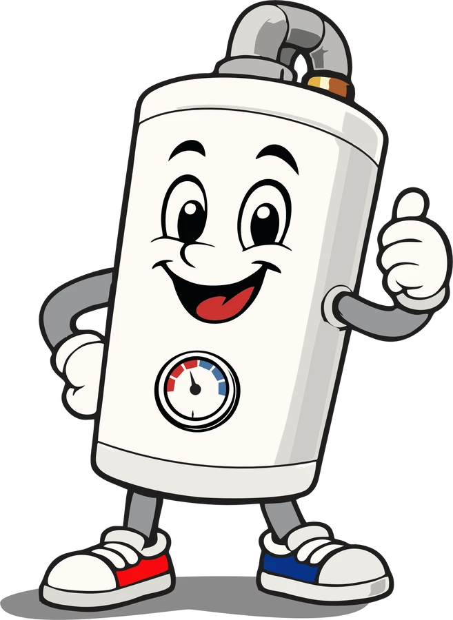 Walter the water heater, the Water Heater Now mascot, giving a thumbs up
